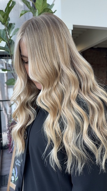 Warm blonde balayage with long waves by Evelyn
